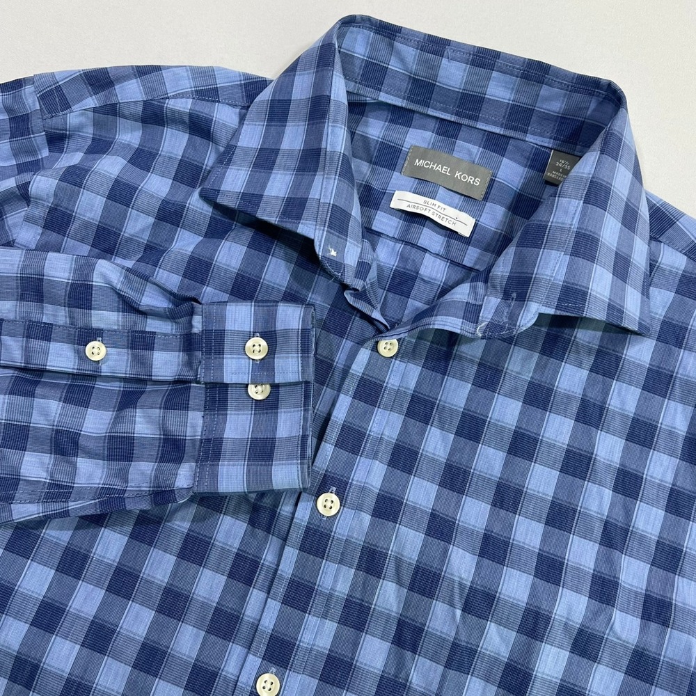 Michael Kors Shirt Slim Fit Airsoft Stretch Gingham Blue Mens L 16.5 34/35